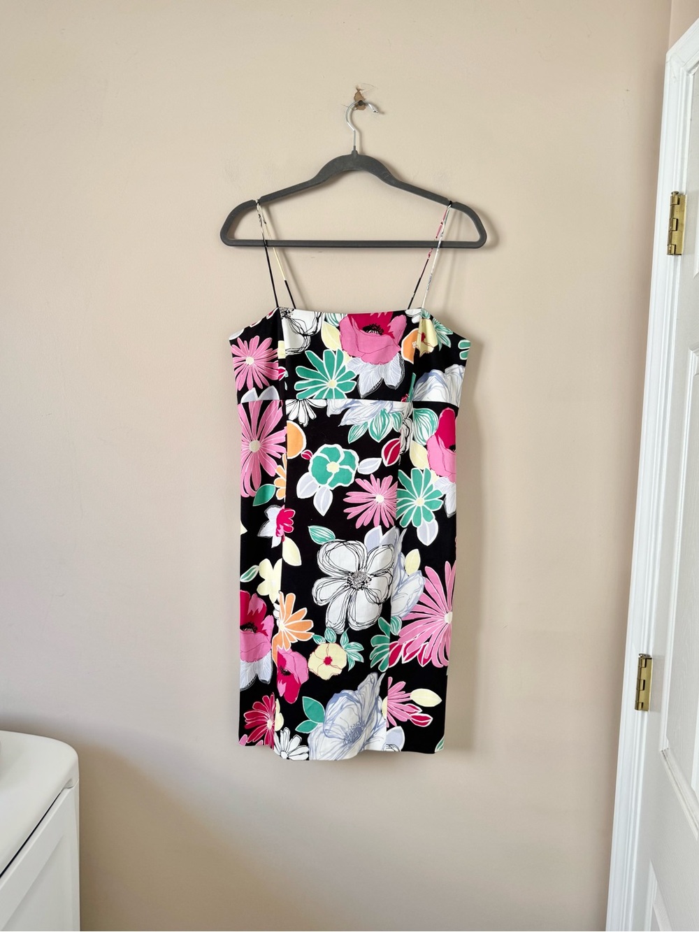 90s Y2K Nine West Black Floral Mini Dress Pink Thin Strap tropical resort cruise